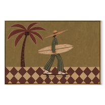 Checkerboard Wheels Chase the Tide - Skating Surfer with Palm painting by Claire Whitmore, modern coastal horizontal wall art – wood frame on white background