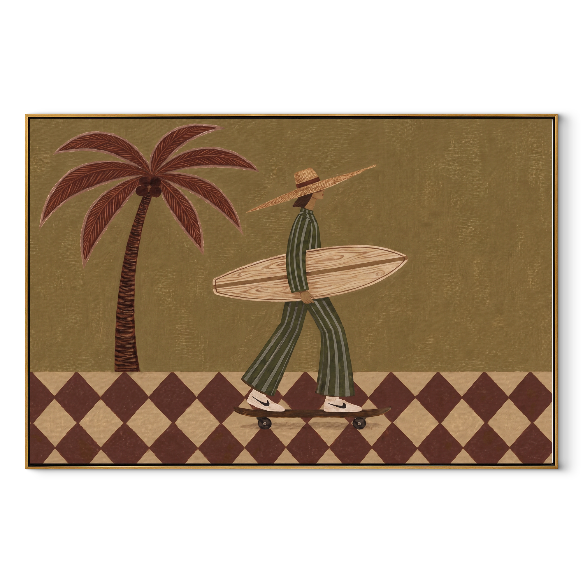 Checkerboard Wheels Chase the Tide - Skating Surfer with Palm painting by Claire Whitmore, modern coastal horizontal wall art – wood frame on white background