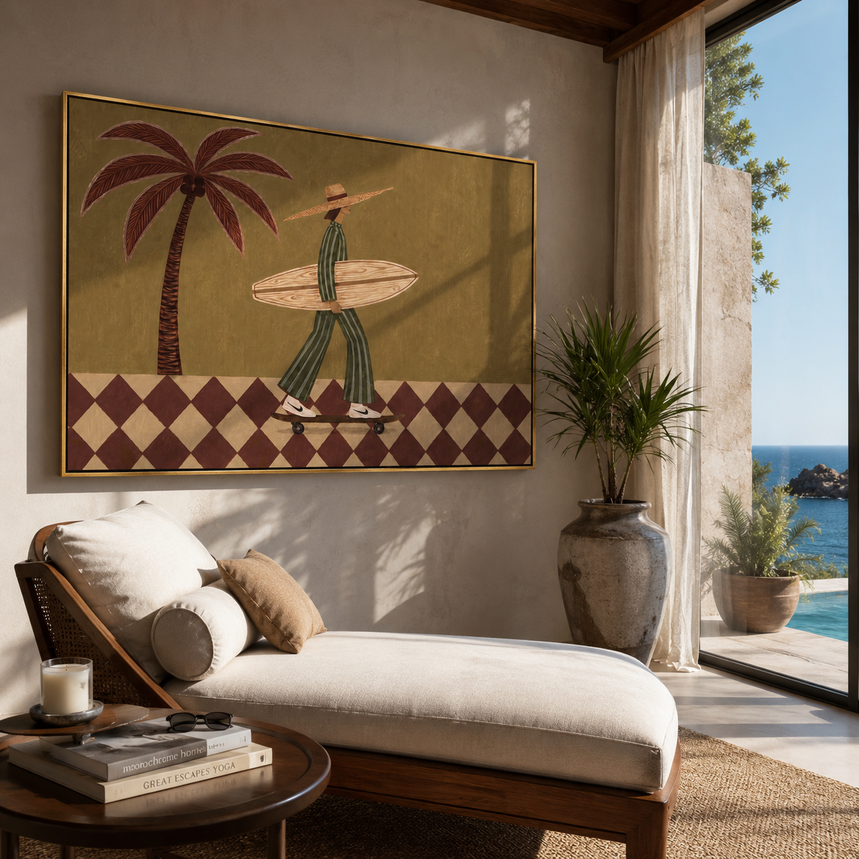 Checkerboard Wheels Chase the Tide - Skating Surfer with Palm painting by Claire Whitmore, modern coastal horizontal wall art – styled room scene view 2