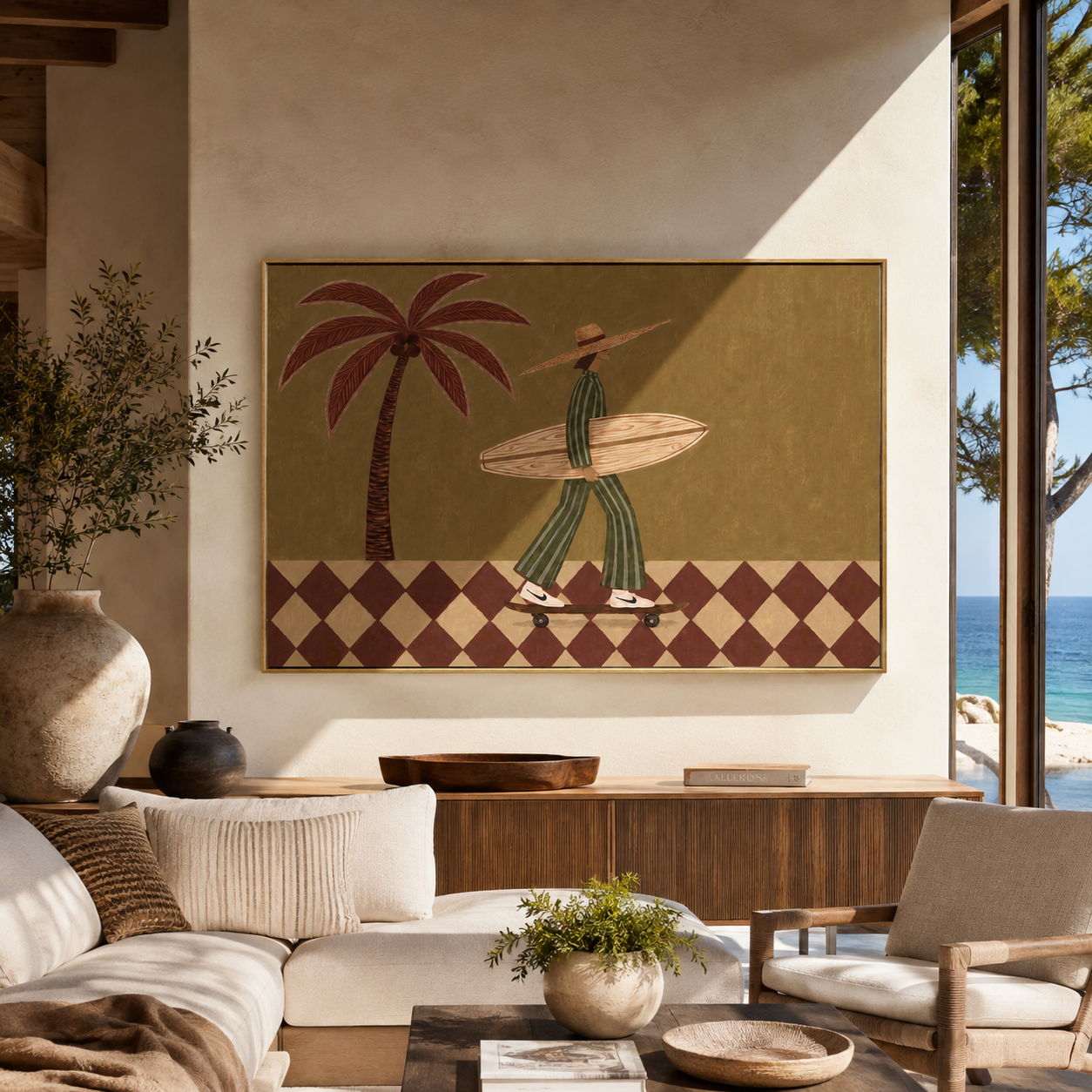 Checkerboard Wheels Chase the Tide - Skating Surfer with Palm painting by Claire Whitmore, modern coastal horizontal wall art – styled room scene view 3