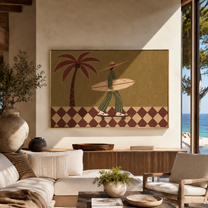 Checkerboard Wheels Chase the Tide - Skating Surfer with Palm painting by Claire Whitmore, modern coastal horizontal wall art – styled room scene view 3
