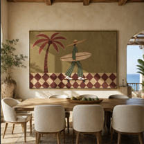 Checkerboard Wheels Chase the Tide - Skating Surfer with Palm painting by Claire Whitmore, modern coastal horizontal wall art – styled room scene view 4