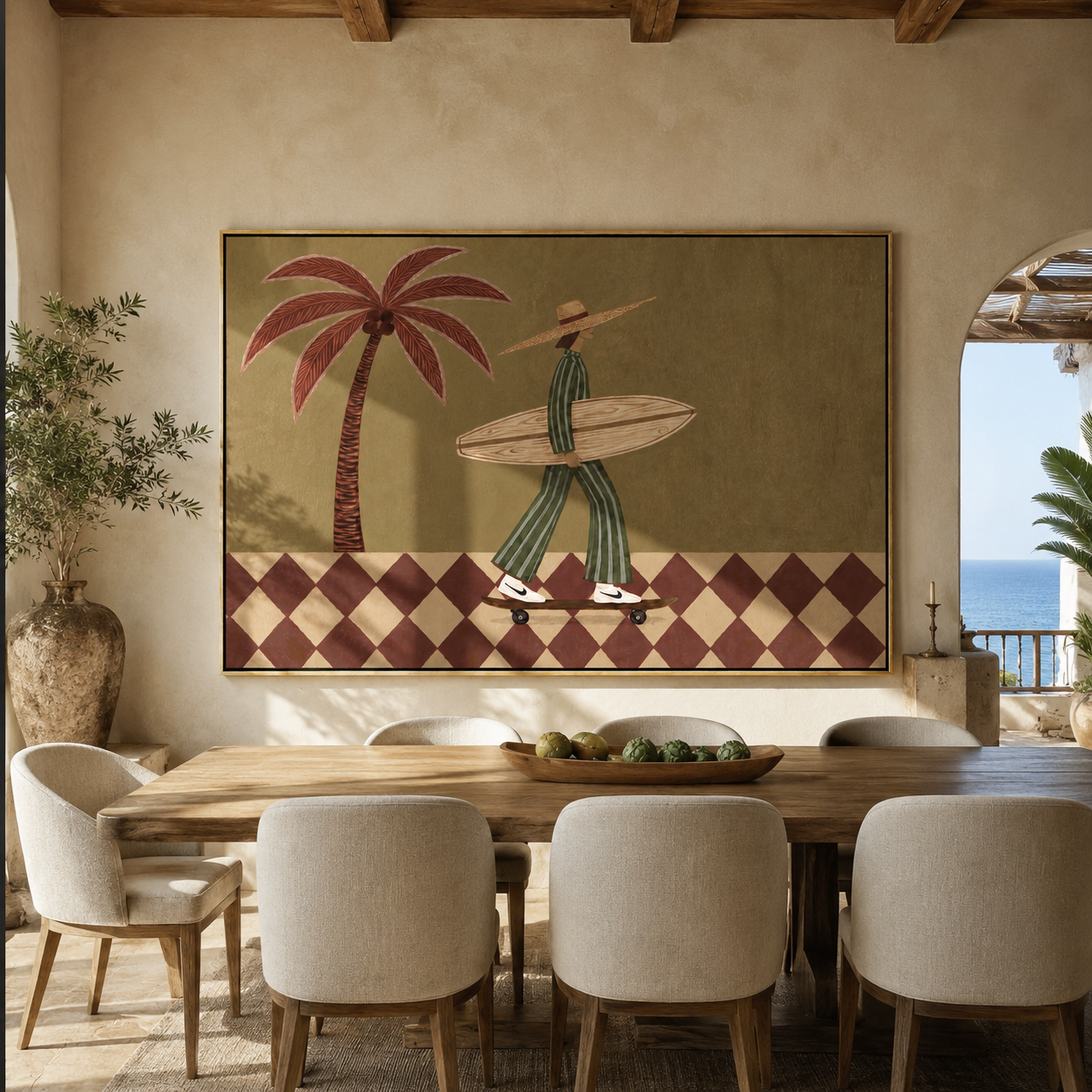 Checkerboard Wheels Chase the Tide - Skating Surfer with Palm painting by Claire Whitmore, modern coastal horizontal wall art – styled room scene view 4