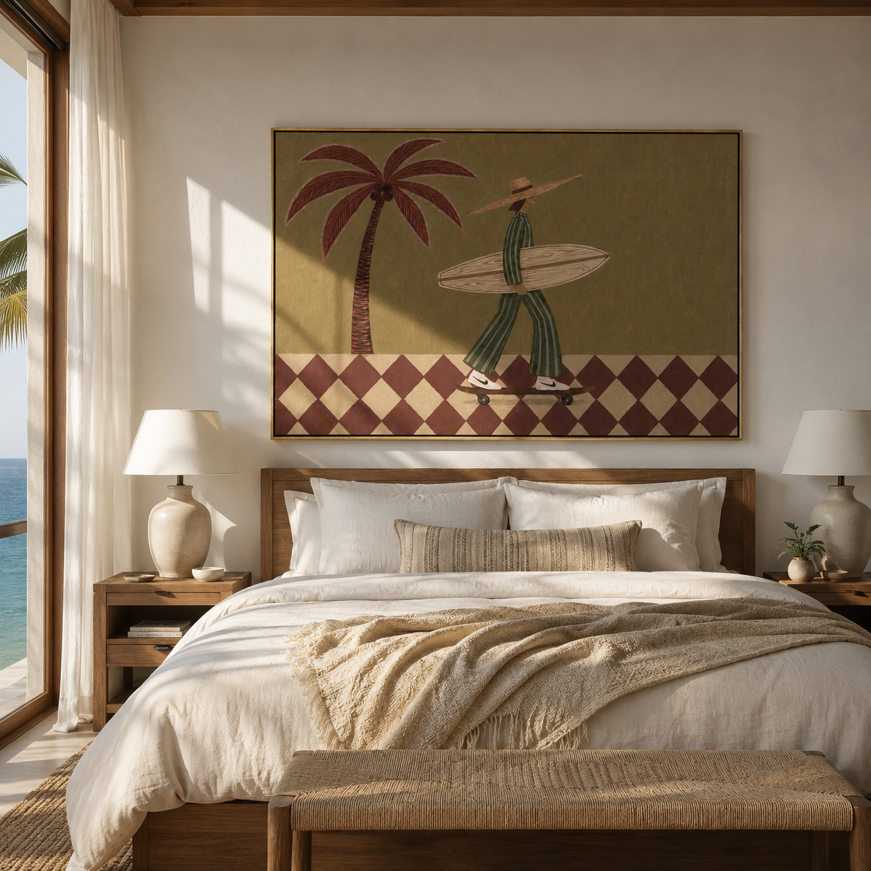 Checkerboard Wheels Chase the Tide - Skating Surfer with Palm painting by Claire Whitmore, modern coastal horizontal wall art – styled room scene view 5