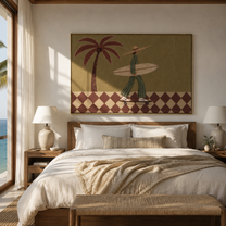Checkerboard Wheels Chase the Tide - Skating Surfer with Palm painting by Claire Whitmore, modern coastal horizontal wall art – styled room scene view 5