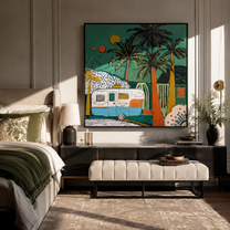 Turquoise Night Holds the Caravan - Tropical Camper under Palms painting by Claire Whitmore, modern coastal square wall art – styled room scene view 1