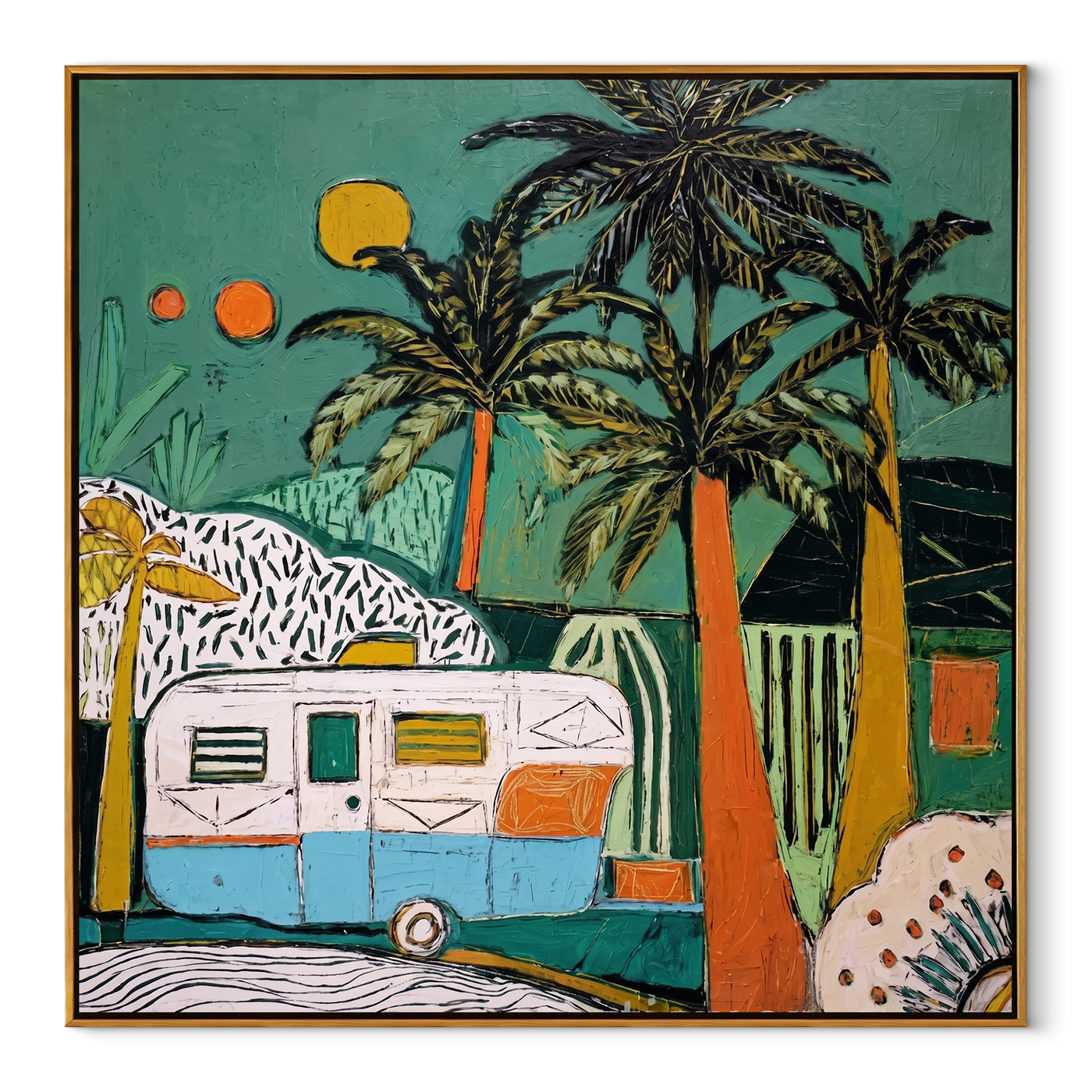 Turquoise Night Holds the Caravan - Tropical Camper under Palms painting by Claire Whitmore, modern coastal square wall art – wood frame on white background
