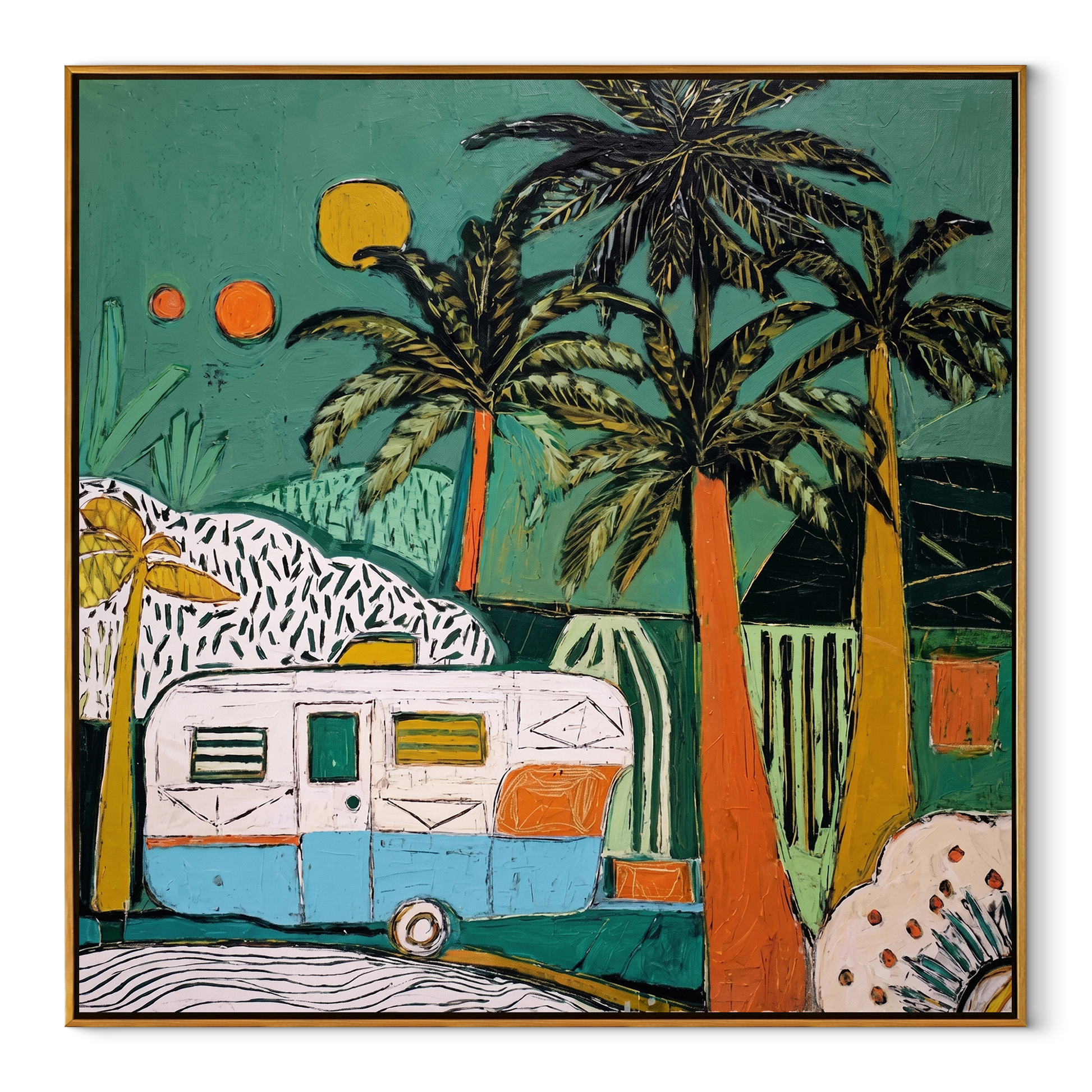 Turquoise Night Holds the Caravan - Tropical Camper under Palms painting by Claire Whitmore, modern coastal square wall art – wood frame on white background