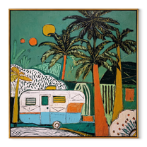 Turquoise Night Holds the Caravan - Tropical Camper under Palms painting by Claire Whitmore, modern coastal square wall art – wood frame on white background