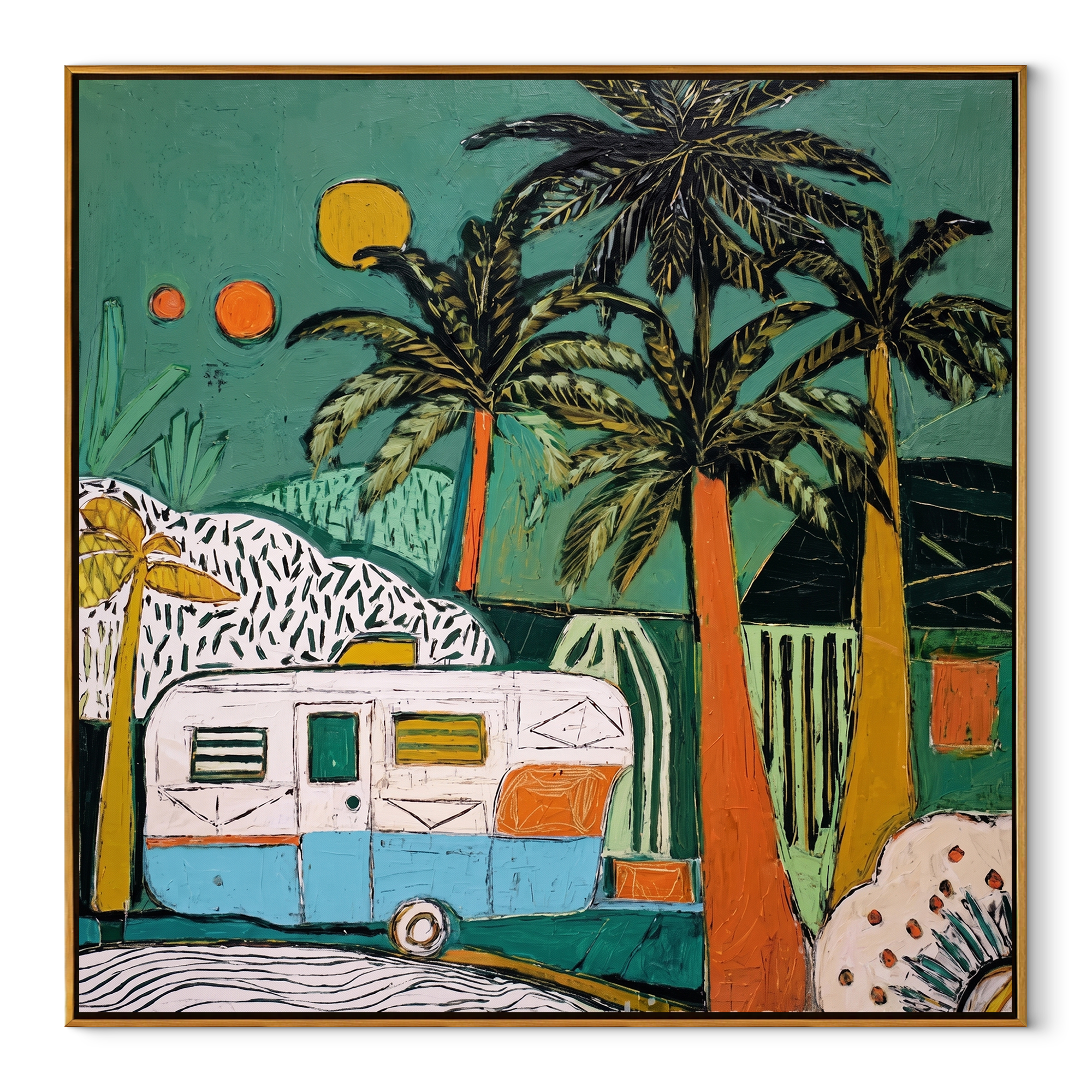 Turquoise Night Holds the Caravan - Tropical Camper under Palms painting by Claire Whitmore, modern coastal square wall art – wood frame on white background