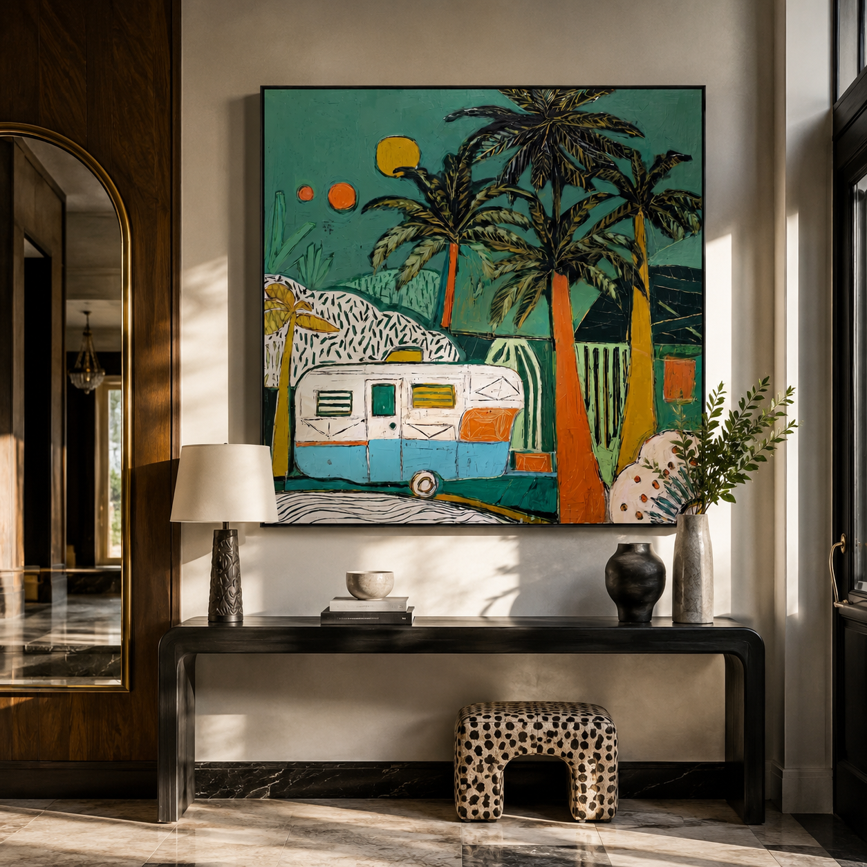 Turquoise Night Holds the Caravan - Tropical Camper under Palms painting by Claire Whitmore, modern coastal square wall art – styled room scene view 2