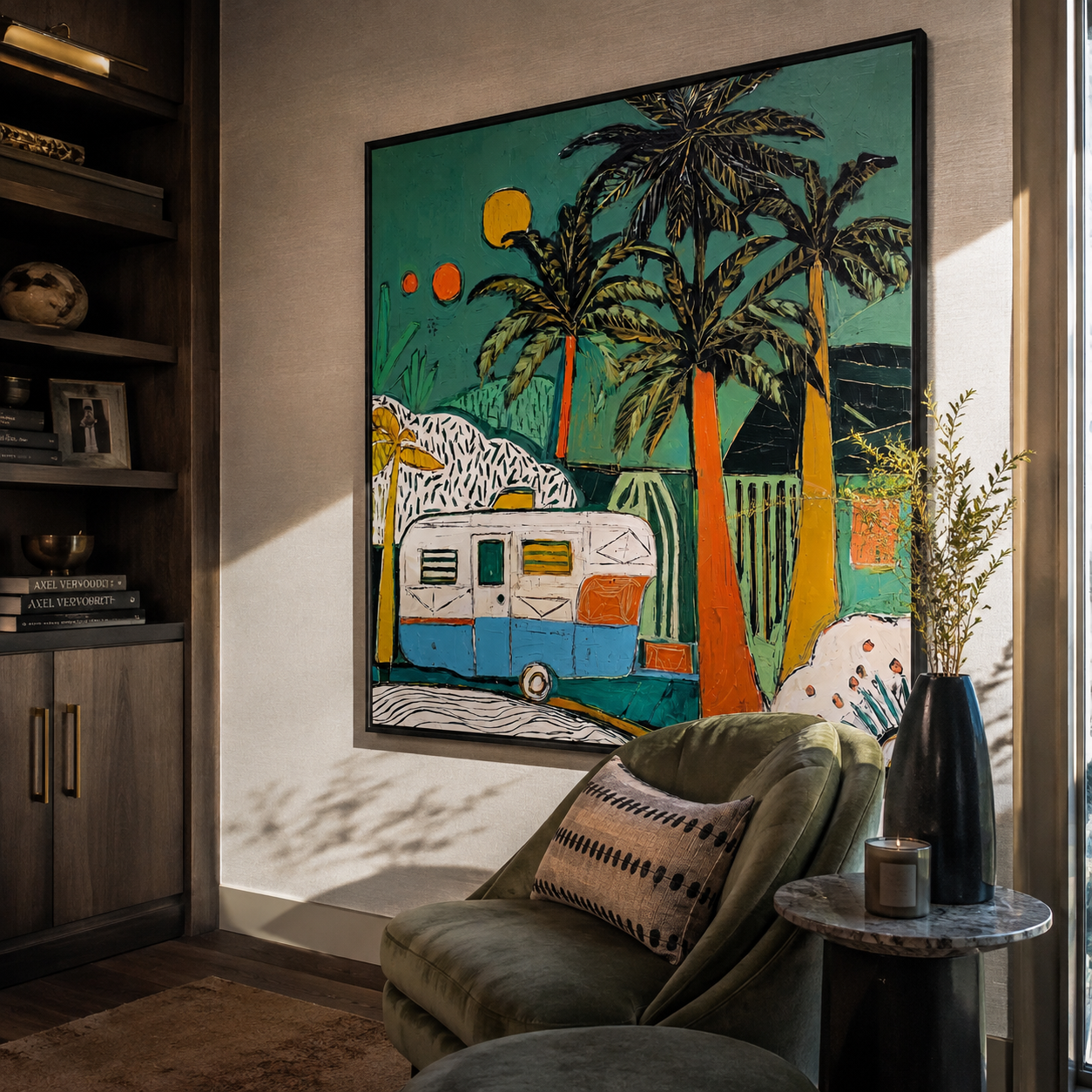 Turquoise Night Holds the Caravan - Tropical Camper under Palms painting by Claire Whitmore, modern coastal square wall art – styled room scene view 3