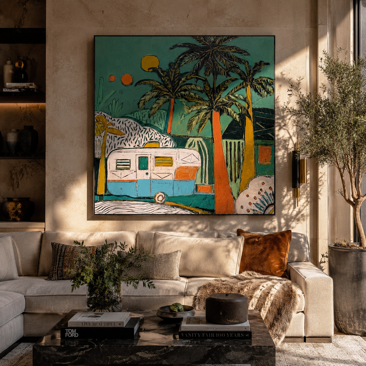 Turquoise Night Holds the Caravan - Tropical Camper under Palms painting by Claire Whitmore, modern coastal square wall art – styled room scene view 4