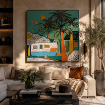 Turquoise Night Holds the Caravan - Tropical Camper under Palms painting by Claire Whitmore, modern coastal square wall art – styled room scene view 4