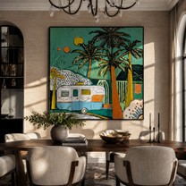 Turquoise Night Holds the Caravan - Tropical Camper under Palms painting by Claire Whitmore, modern coastal square wall art – styled room scene view 5