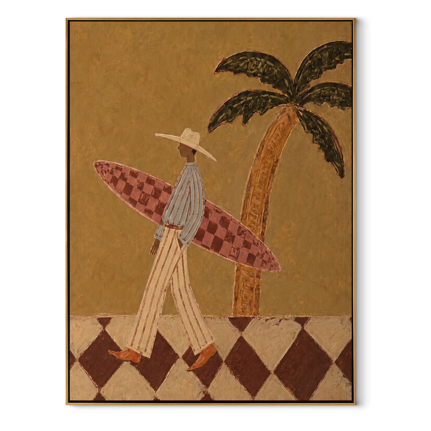 Checkered Board Crosses the Sand - Tall Surfer beneath Palm painting by Claire Whitmore, modern coastal vertical wall art – wood frame on white background