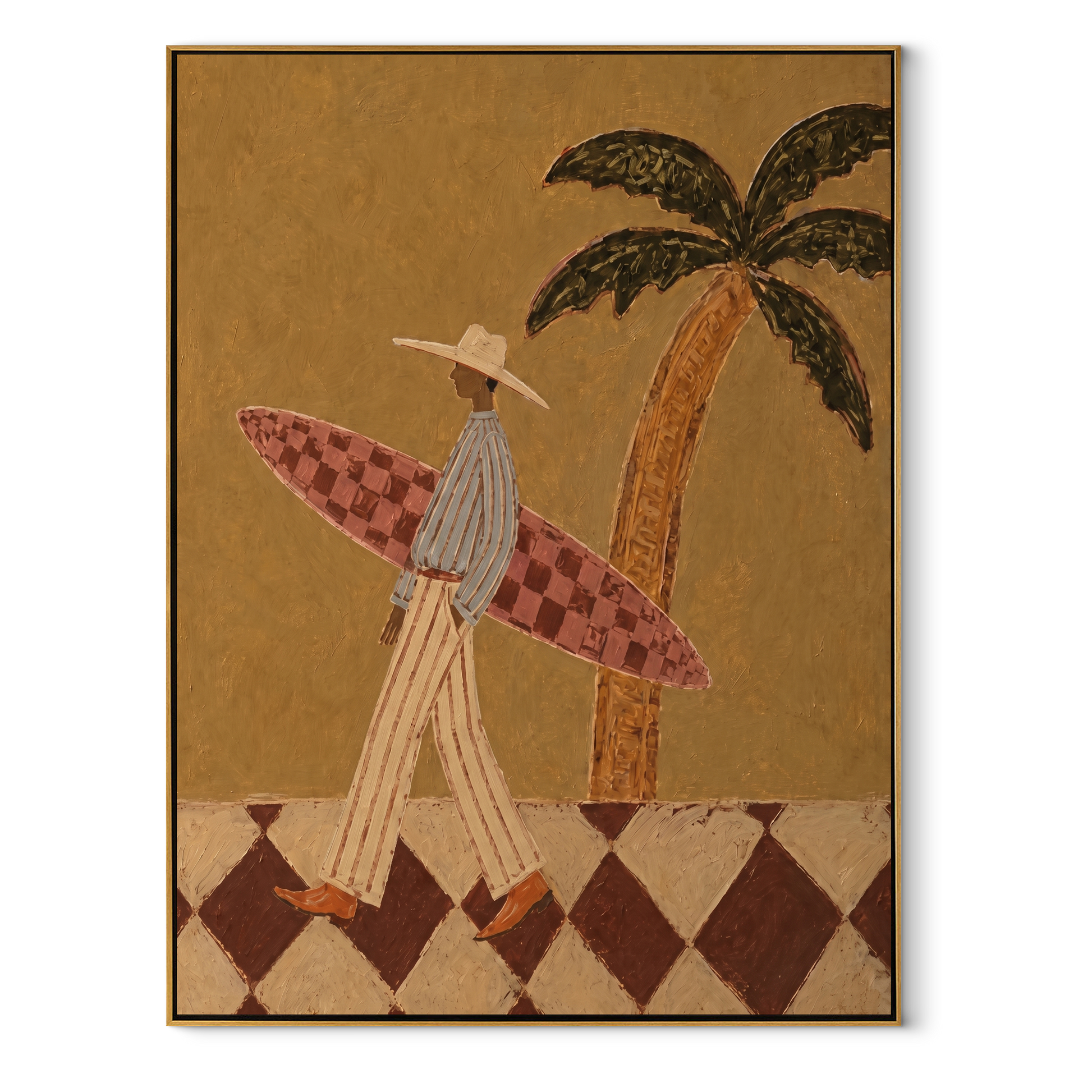 Checkered Board Crosses the Sand - Tall Surfer beneath Palm painting by Claire Whitmore, modern coastal vertical wall art – wood frame on white background