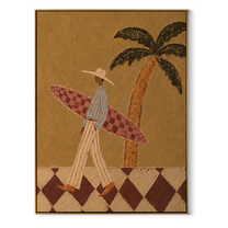 Checkered Board Crosses the Sand - Tall Surfer beneath Palm painting by Claire Whitmore, modern coastal vertical wall art – wood frame on white background