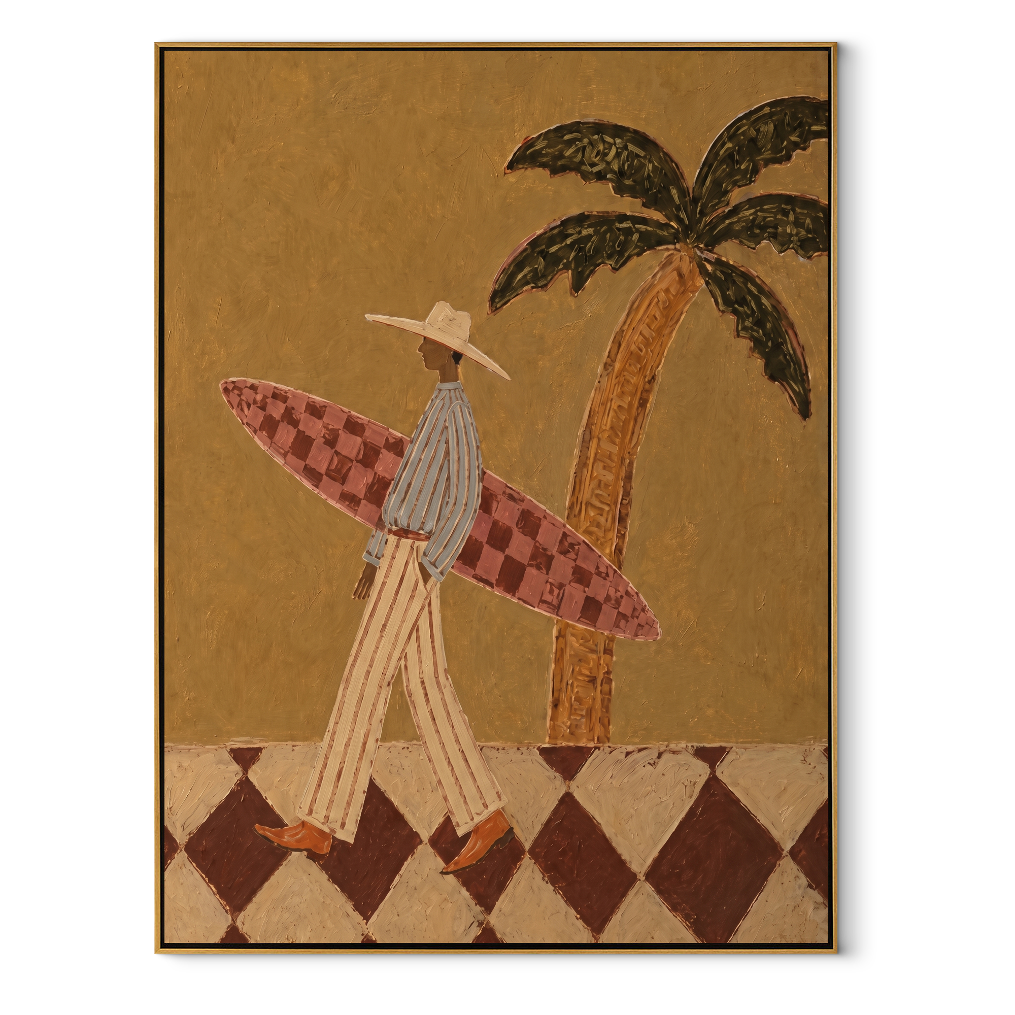 Checkered Board Crosses the Sand - Tall Surfer beneath Palm painting by Claire Whitmore, modern coastal vertical wall art – wood frame on white background