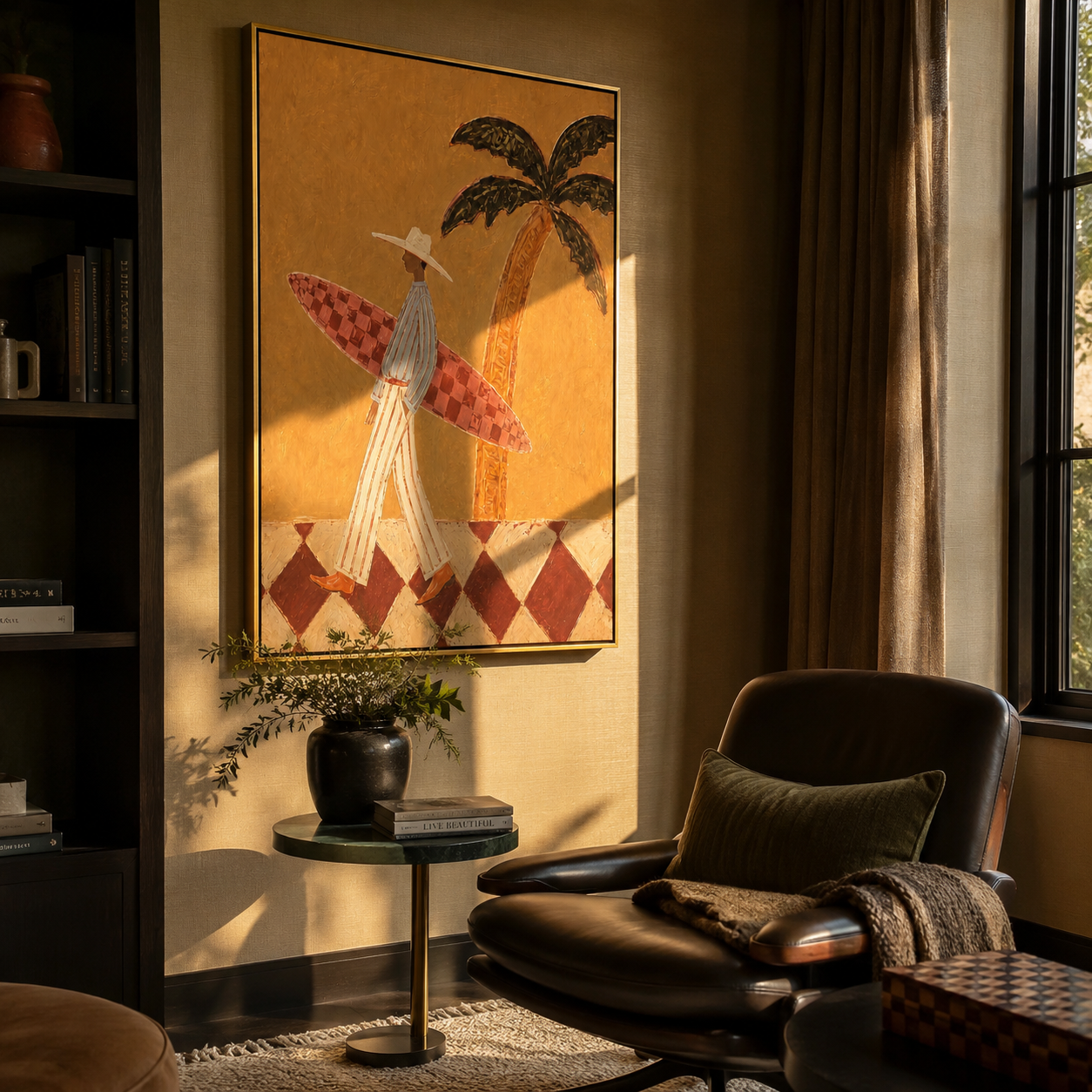 Checkered Board Crosses the Sand - Tall Surfer beneath Palm painting by Claire Whitmore, modern coastal vertical wall art – styled room scene view 2