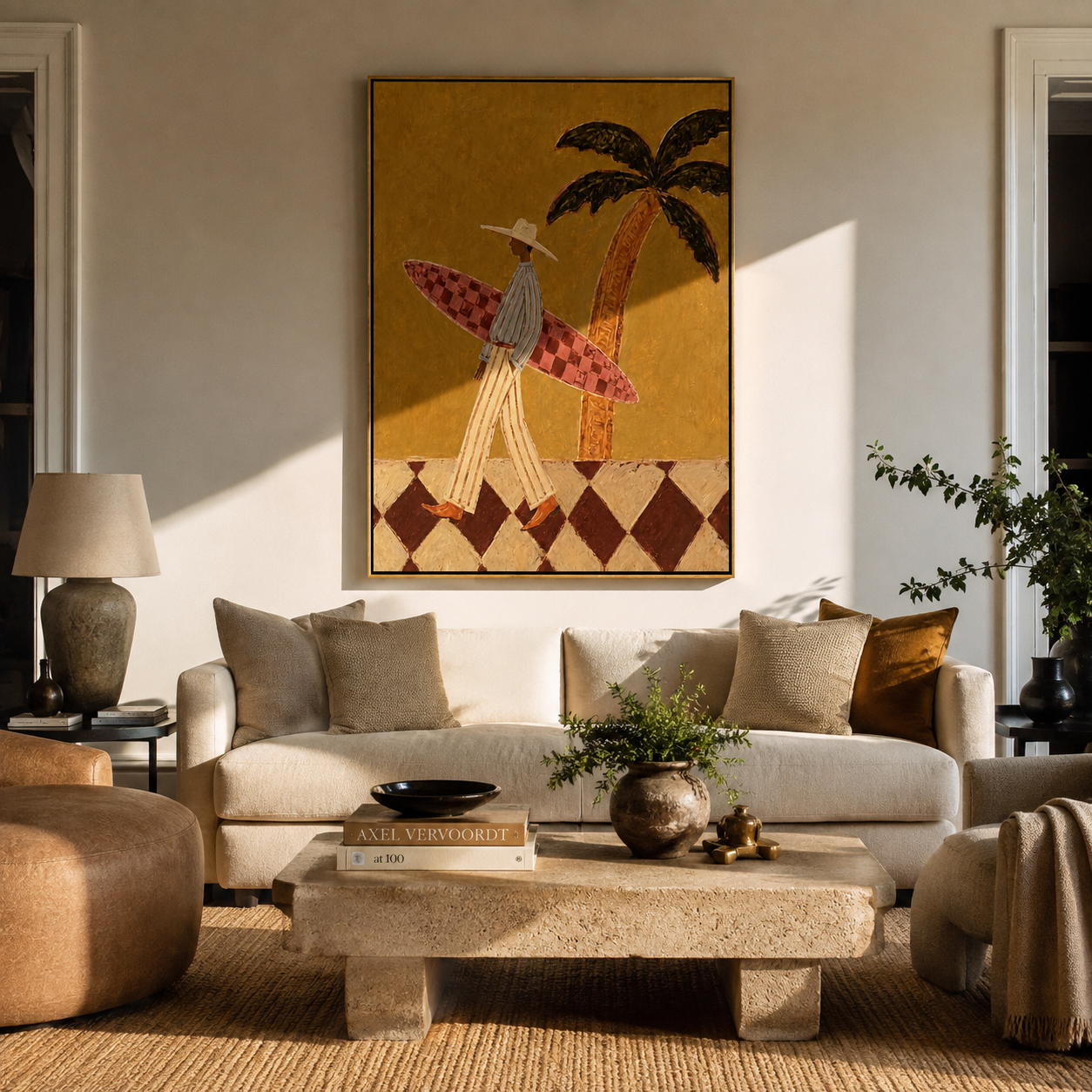 Checkered Board Crosses the Sand - Tall Surfer beneath Palm painting by Claire Whitmore, modern coastal vertical wall art – styled room scene view 3
