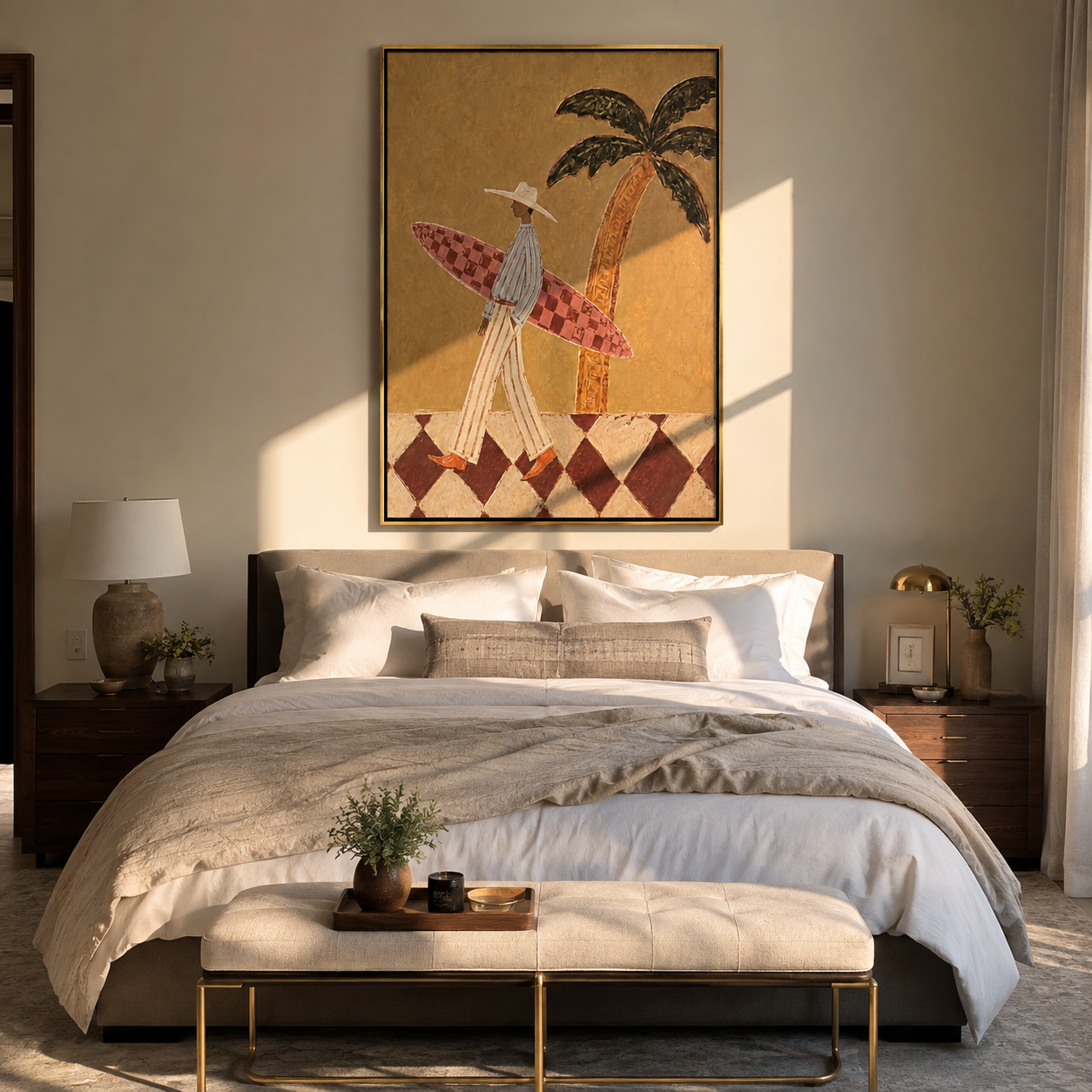 Checkered Board Crosses the Sand - Tall Surfer beneath Palm painting by Claire Whitmore, modern coastal vertical wall art – styled room scene view 4