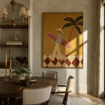Checkered Board Crosses the Sand - Tall Surfer beneath Palm painting by Claire Whitmore, modern coastal vertical wall art – styled room scene view 5