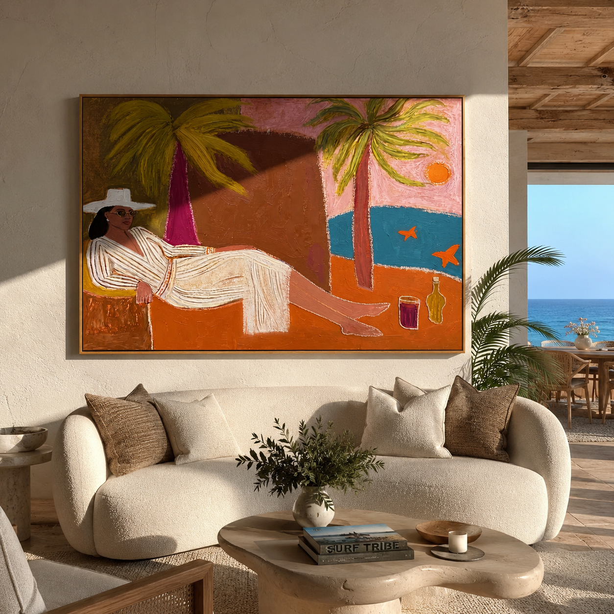 White Linen Reclines by the Bay - Coastal Lounge Woman at Sunset painting by Claire Whitmore, modern coastal horizontal wall art – styled room scene view 1