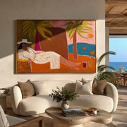 White Linen Reclines by the Bay - Coastal Lounge Woman at Sunset painting by Claire Whitmore, modern coastal horizontal wall art – styled room scene view 1