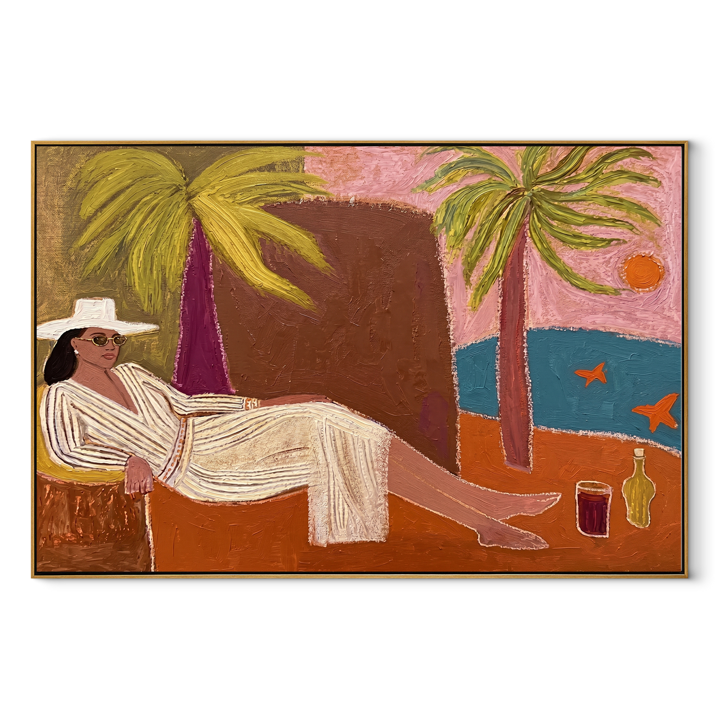 White Linen Reclines by the Bay - Coastal Lounge Woman at Sunset painting by Claire Whitmore, modern coastal horizontal wall art – wood frame on white background