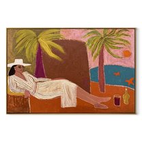 White Linen Reclines by the Bay - Coastal Lounge Woman at Sunset painting by Claire Whitmore, modern coastal horizontal wall art – wood frame on white background