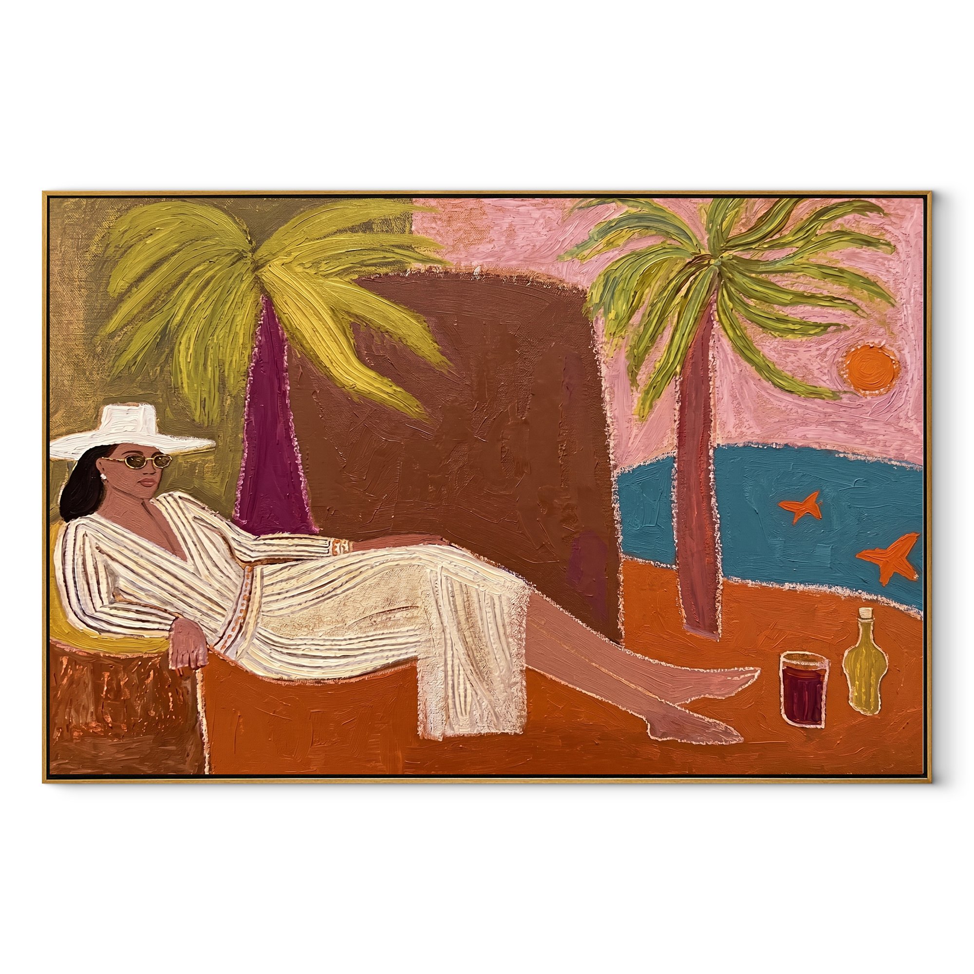 White Linen Reclines by the Bay - Coastal Lounge Woman at Sunset painting by Claire Whitmore, modern coastal horizontal wall art – wood frame on white background
