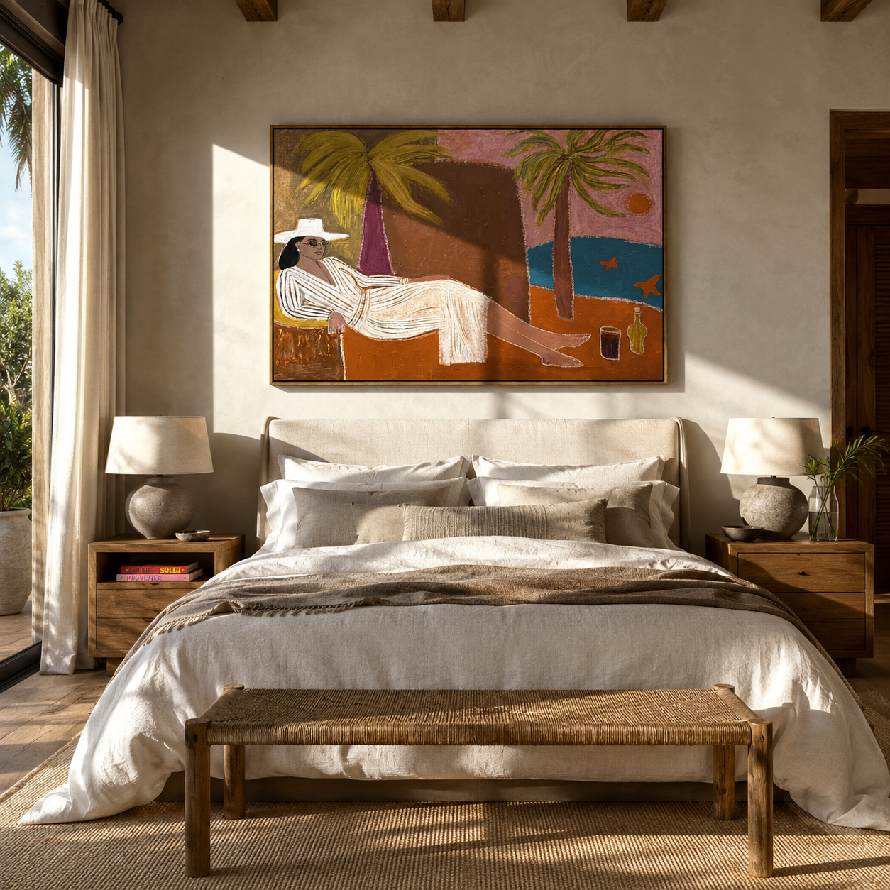 White Linen Reclines by the Bay - Coastal Lounge Woman at Sunset painting by Claire Whitmore, modern coastal horizontal wall art – styled room scene view 2
