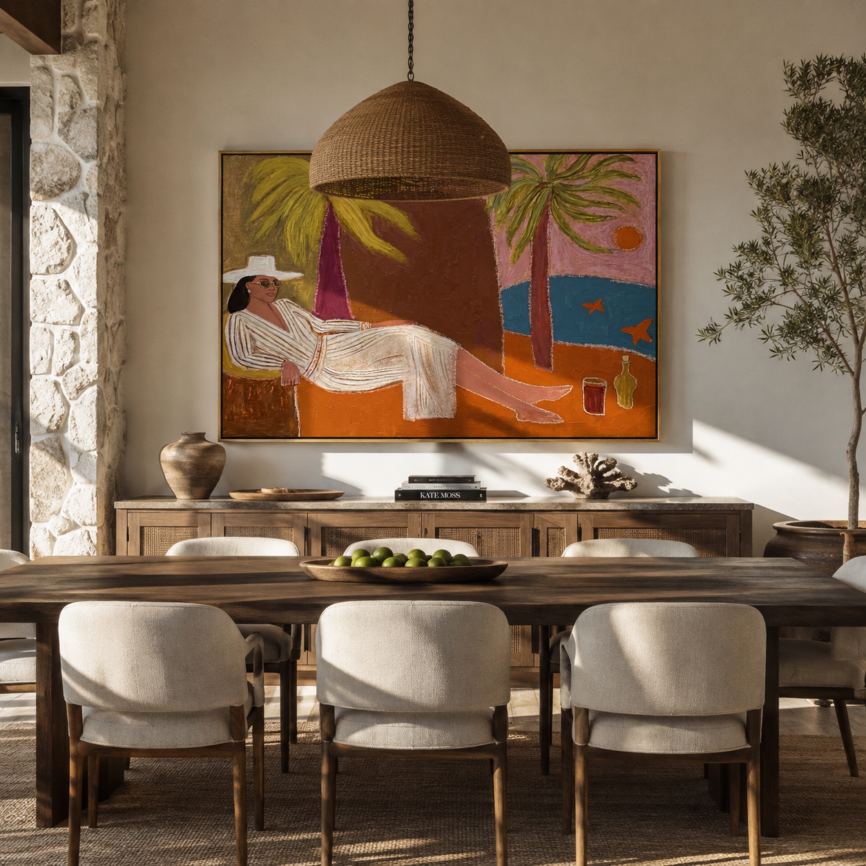 White Linen Reclines by the Bay - Coastal Lounge Woman at Sunset painting by Claire Whitmore, modern coastal horizontal wall art – styled room scene view 3