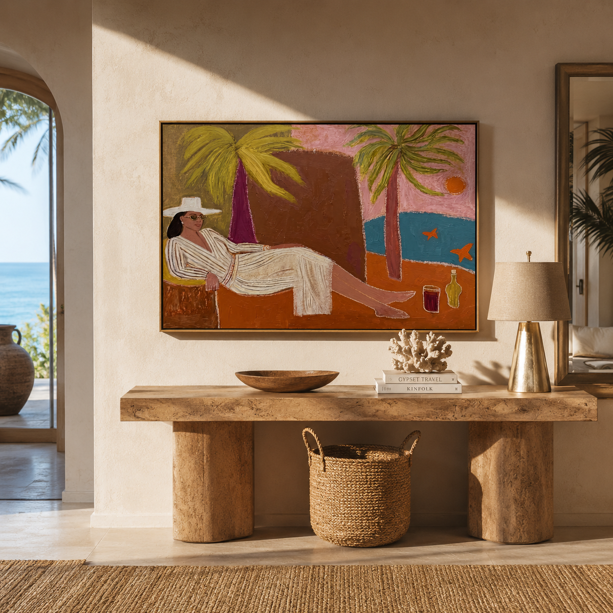 White Linen Reclines by the Bay - Coastal Lounge Woman at Sunset painting by Claire Whitmore, modern coastal horizontal wall art – styled room scene view 4