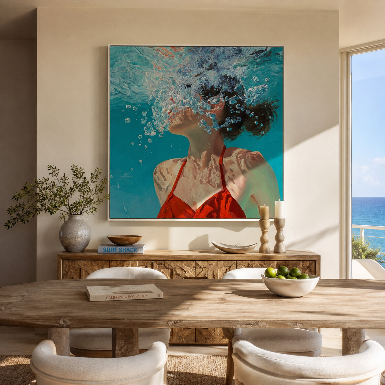 Bubbles Rise through Turquoise Light - Underwater Woman in Red painting by Claire Whitmore, modern coastal square wall art – styled room scene view 1