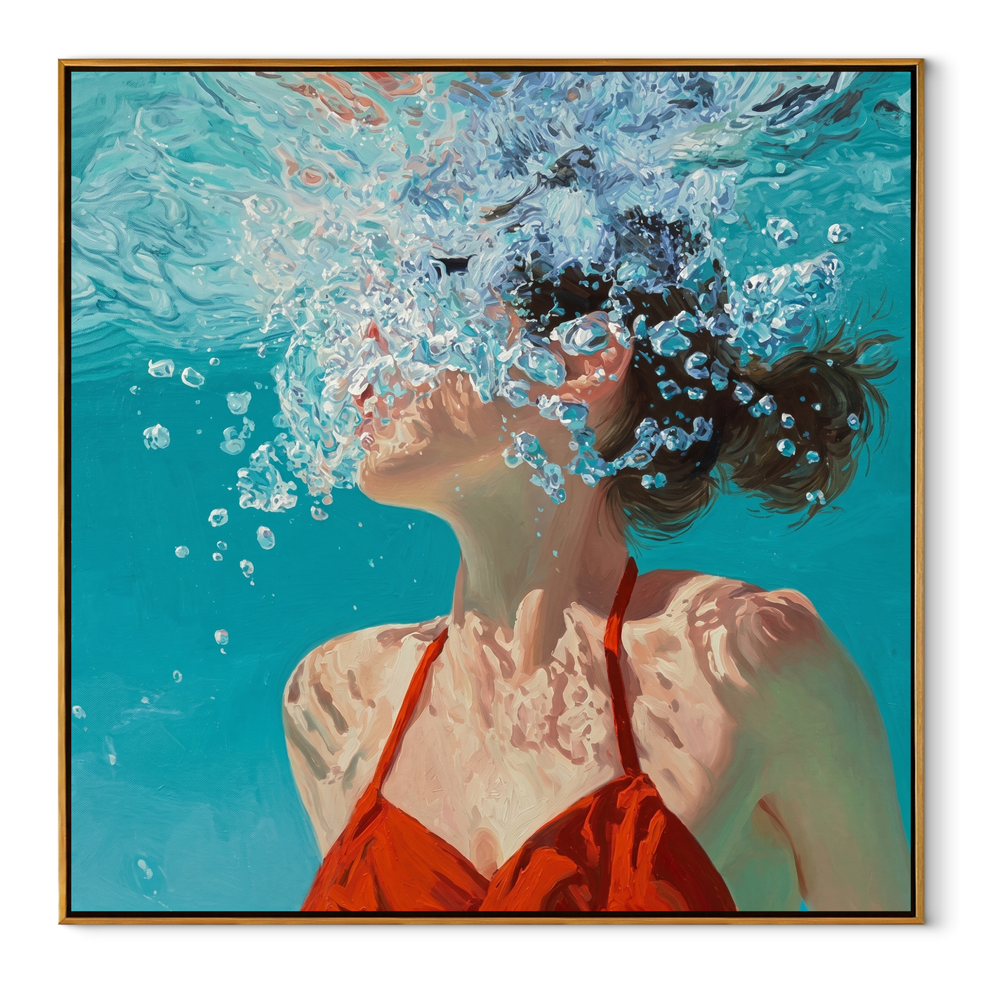Bubbles Rise through Turquoise Light - Underwater Woman in Red painting by Claire Whitmore, modern coastal square wall art – wood frame on white background