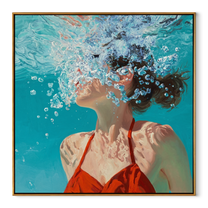 Bubbles Rise through Turquoise Light - Underwater Woman in Red painting by Claire Whitmore, modern coastal square wall art – wood frame on white background