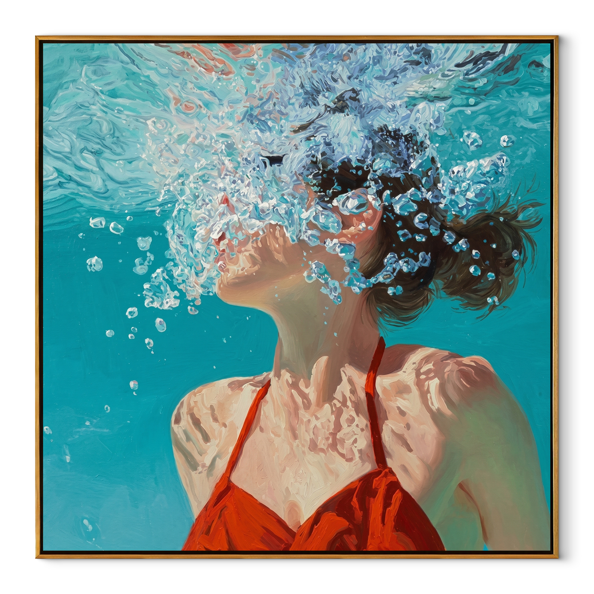 Bubbles Rise through Turquoise Light - Underwater Woman in Red painting by Claire Whitmore, modern coastal square wall art – wood frame on white background