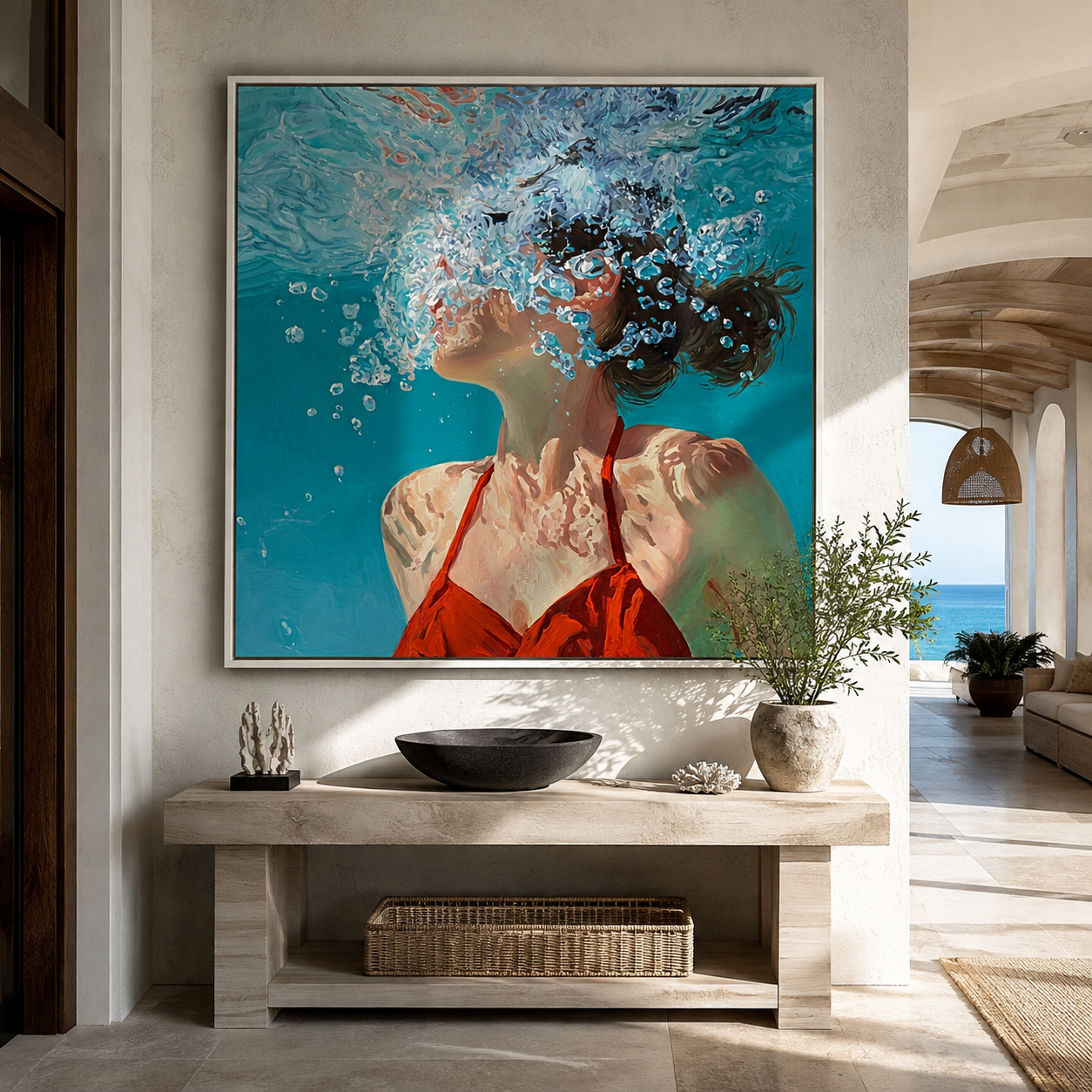 Bubbles Rise through Turquoise Light - Underwater Woman in Red painting by Claire Whitmore, modern coastal square wall art – styled room scene view 2