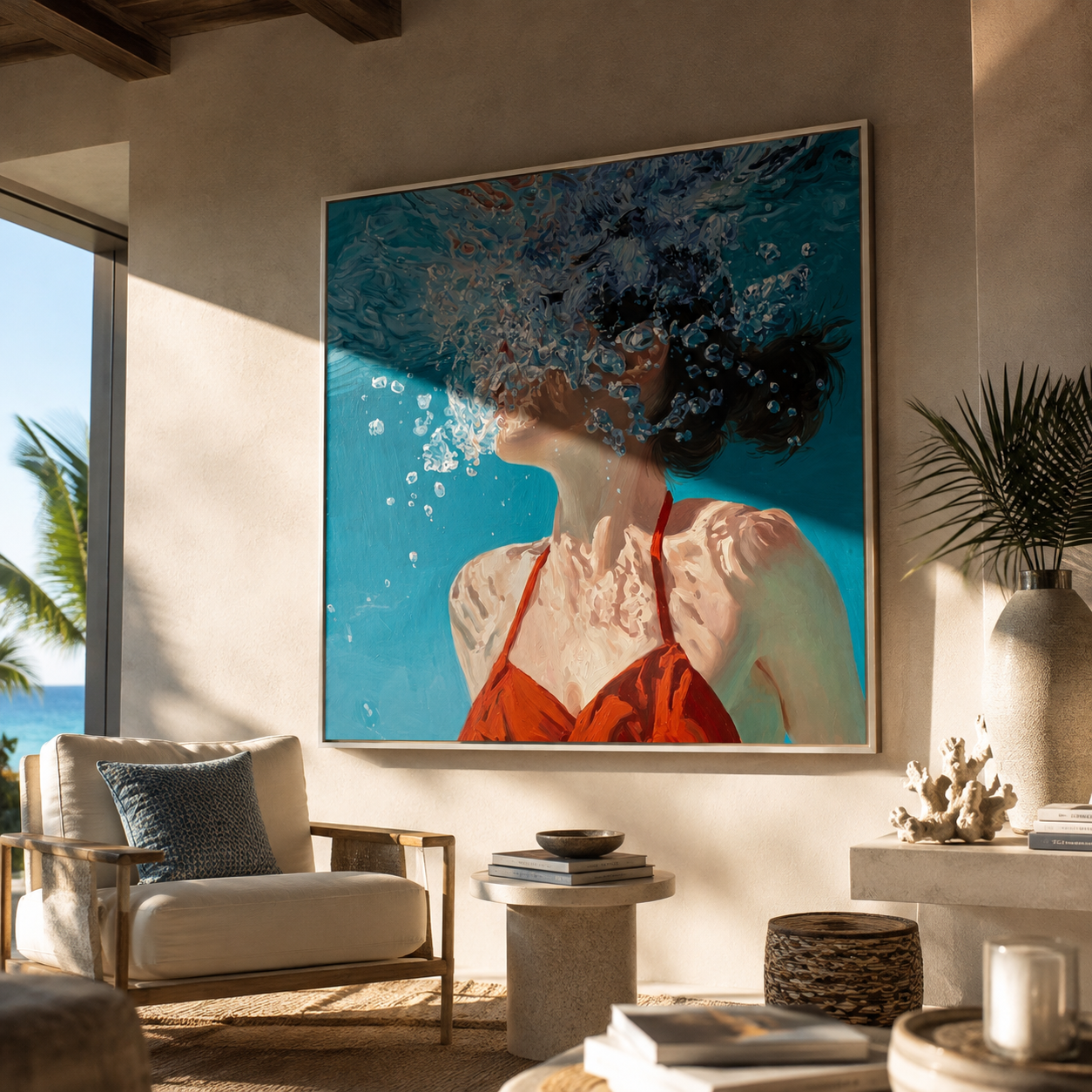 Bubbles Rise through Turquoise Light - Underwater Woman in Red painting by Claire Whitmore, modern coastal square wall art – styled room scene view 3
