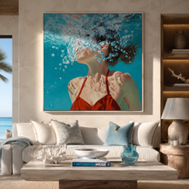 Bubbles Rise through Turquoise Light - Underwater Woman in Red painting by Claire Whitmore, modern coastal square wall art – styled room scene view 4