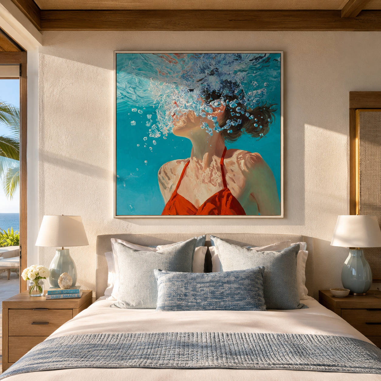 Bubbles Rise through Turquoise Light - Underwater Woman in Red painting by Claire Whitmore, modern coastal square wall art – styled room scene view 5