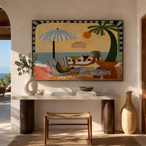Striped Shade Covers the Picnic - Coastal Table beneath Umbrella painting by Claire Whitmore, modern coastal horizontal wall art – styled room scene view 1