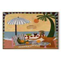 Striped Shade Covers the Picnic - Coastal Table beneath Umbrella painting by Claire Whitmore, modern coastal horizontal wall art – wood frame on white background