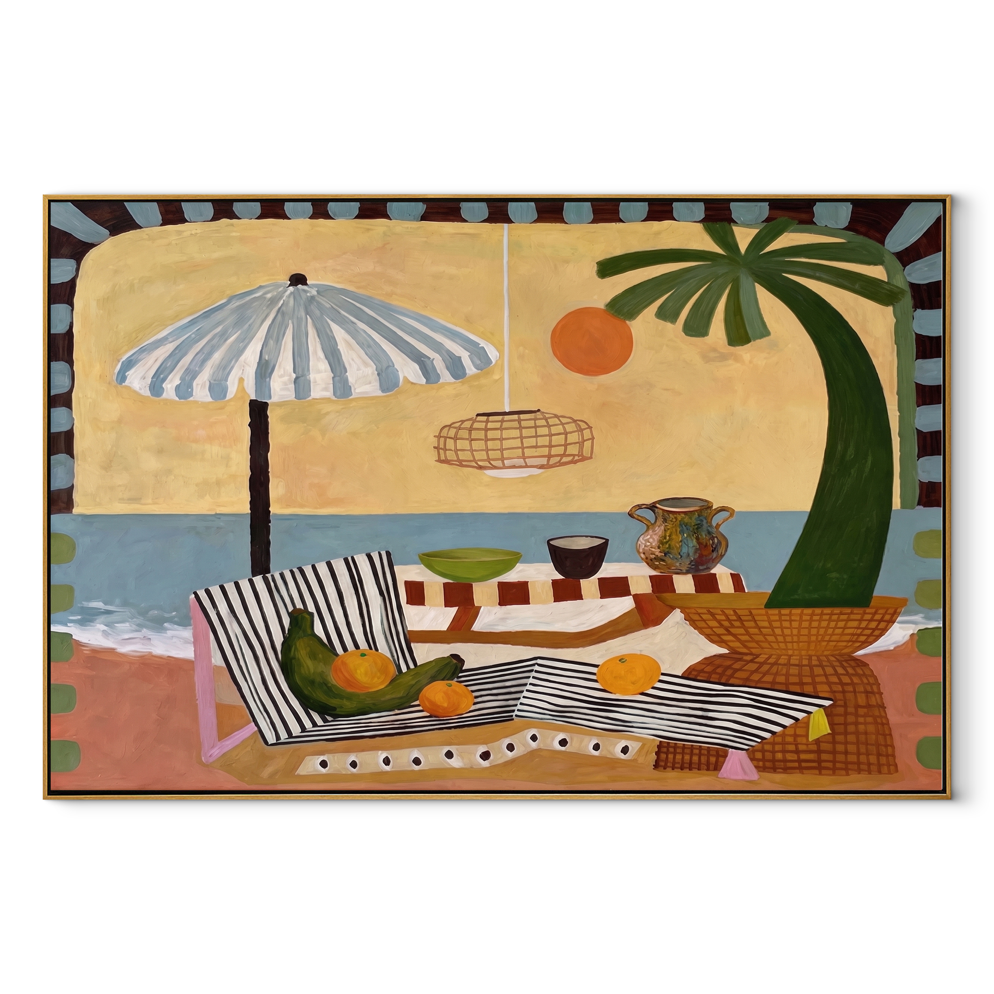 Striped Shade Covers the Picnic - Coastal Table beneath Umbrella painting by Claire Whitmore, modern coastal horizontal wall art – wood frame on white background