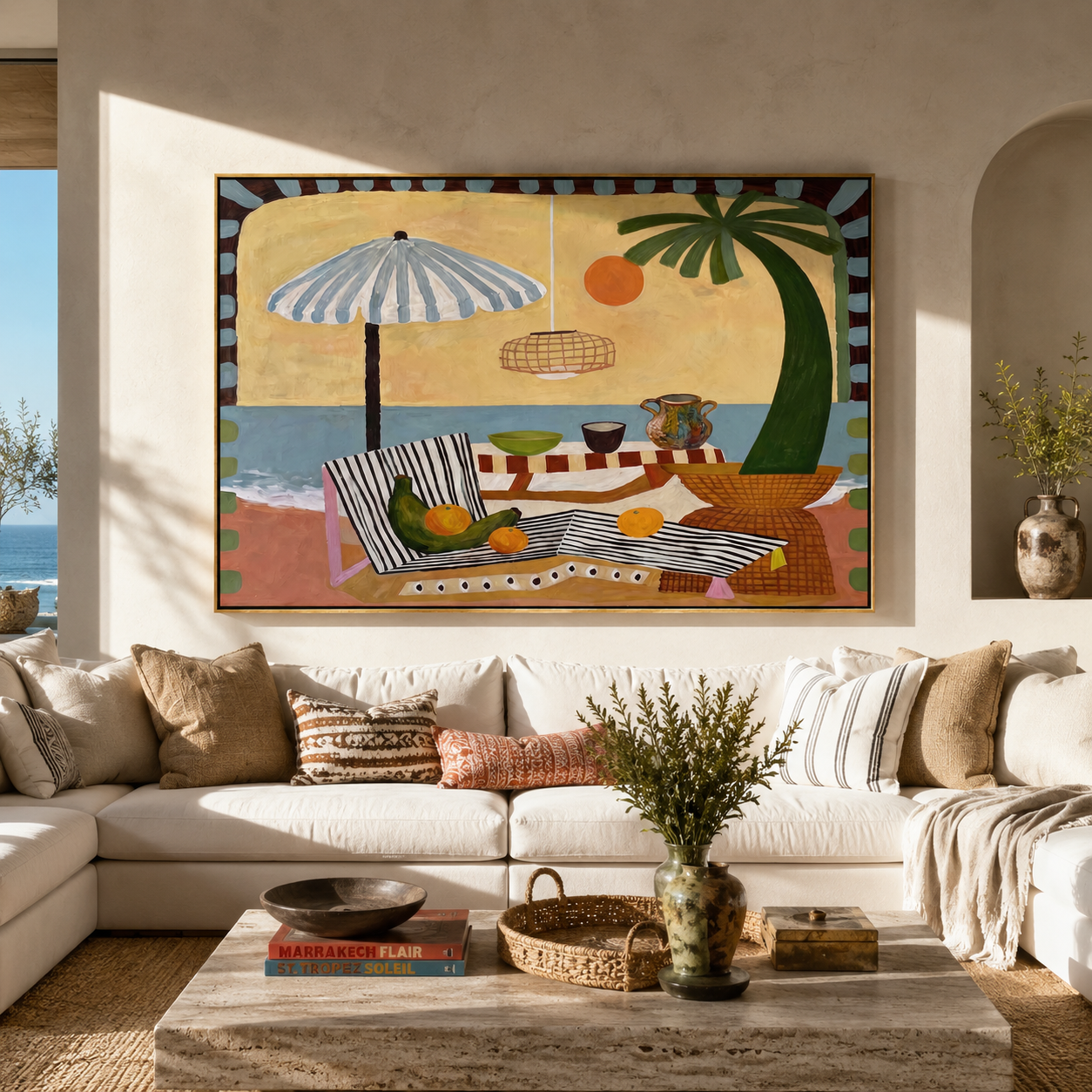 Striped Shade Covers the Picnic - Coastal Table beneath Umbrella painting by Claire Whitmore, modern coastal horizontal wall art – styled room scene view 2