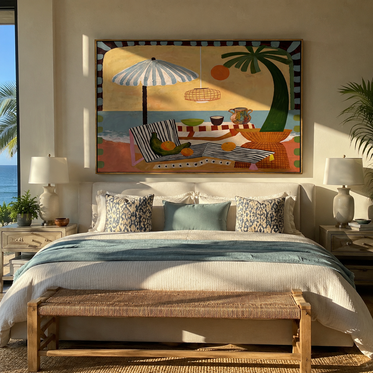 Striped Shade Covers the Picnic - Coastal Table beneath Umbrella painting by Claire Whitmore, modern coastal horizontal wall art – styled room scene view 3
