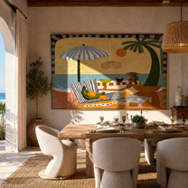 Striped Shade Covers the Picnic - Coastal Table beneath Umbrella painting by Claire Whitmore, modern coastal horizontal wall art – styled room scene view 4
