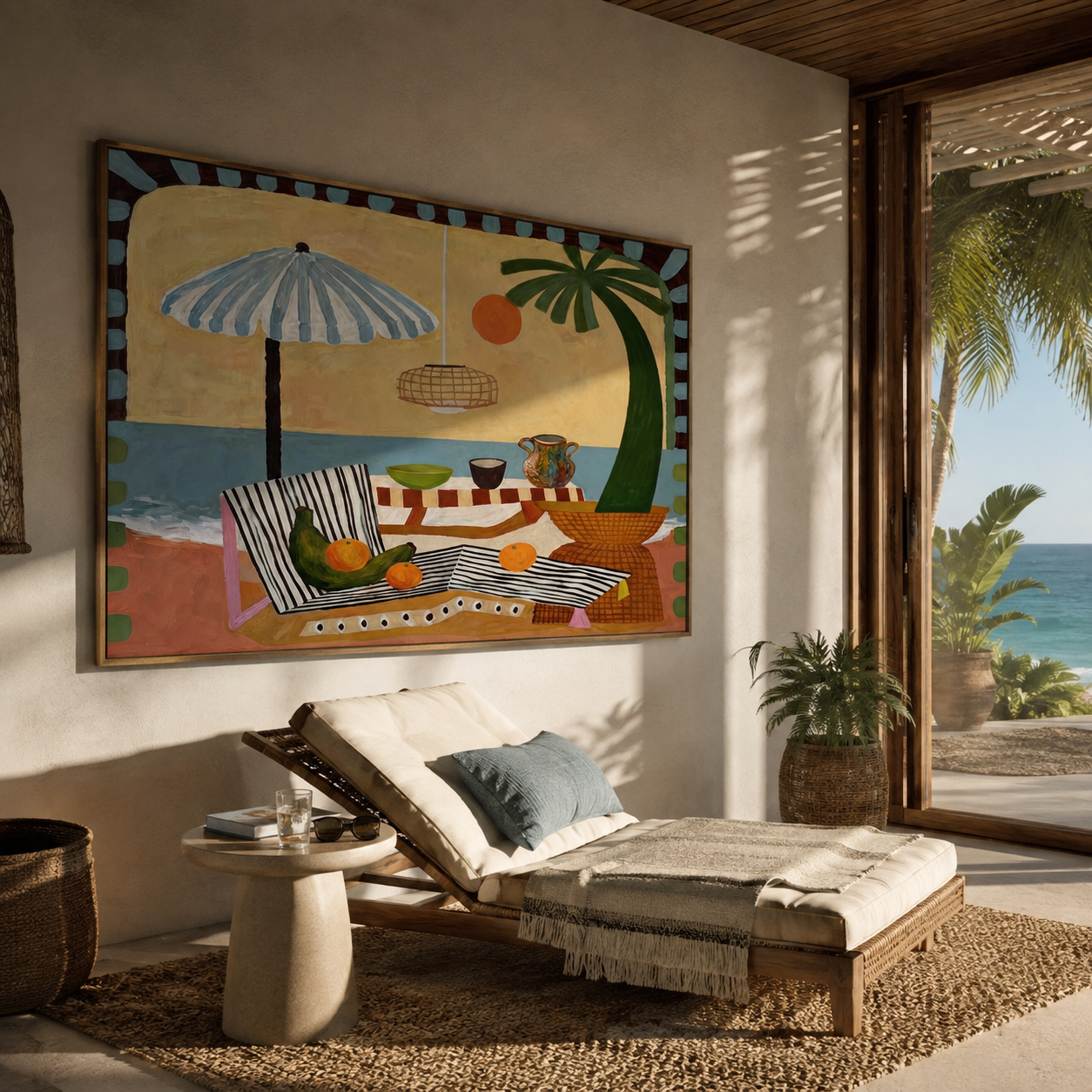Striped Shade Covers the Picnic - Coastal Table beneath Umbrella painting by Claire Whitmore, modern coastal horizontal wall art – styled room scene view 5